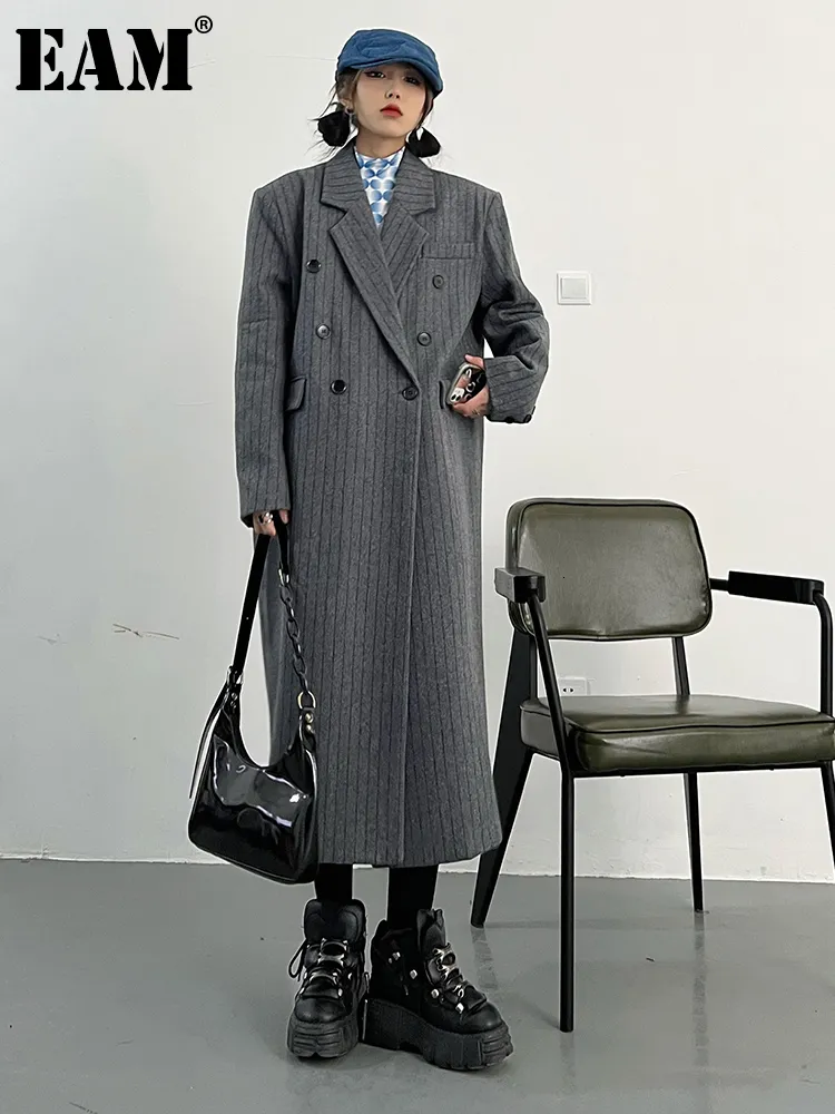 Women's Wool Blends EAM Loose Fit Striped Gray Big Size Long Woolen Coat Parkas Sleeve Women Fashion Autumn Winter 1DF0101 230107