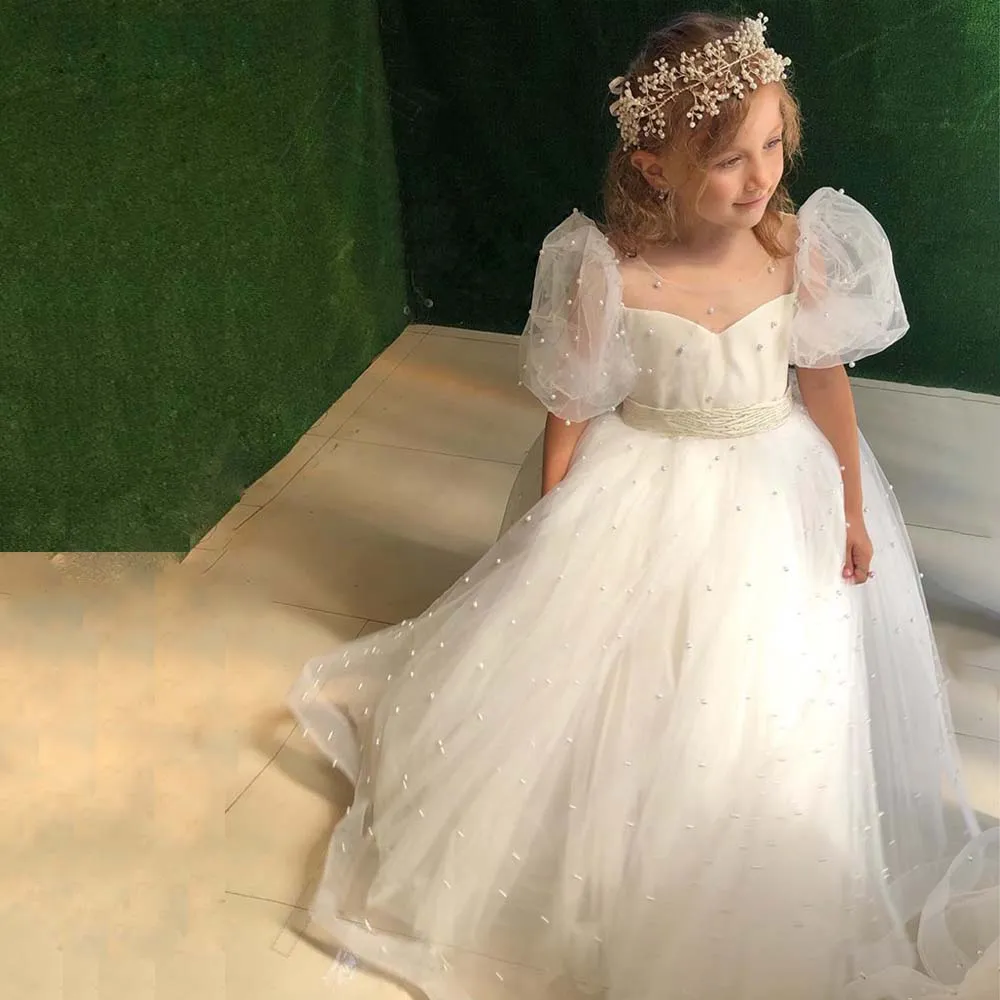 Perle perle maniche gonfie di fiori di fiori abiti bianchi in tulle prima comunione gioiello gioiello lungo abito da battesimo bambino 326 326