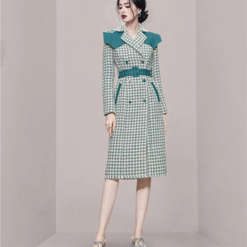 Dameswol Blends Coat of Women 2023 Herfst Winter Houndstooth Lake Blue Tweed Elegant Jacket Leather Shawn Pak Collar Fashion Overcoat F