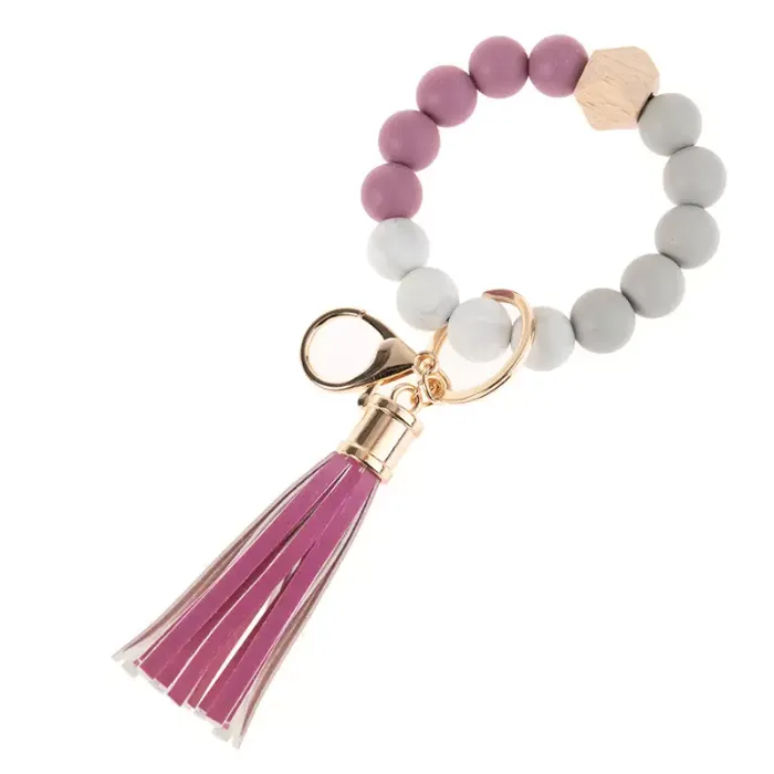 Wooden Tassel Bead String Bracelet Keychain Food Grade Silicone Beads Bracelets Women Girl Key Ring Wrist Strap db961