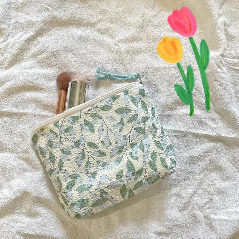 Sacs à cosmétiques en tissu de coton pour femmes, sac à fleurs, toile à fermeture éclair, pochette de maquillage, organisateur de lavage de voyage, étui de beauté