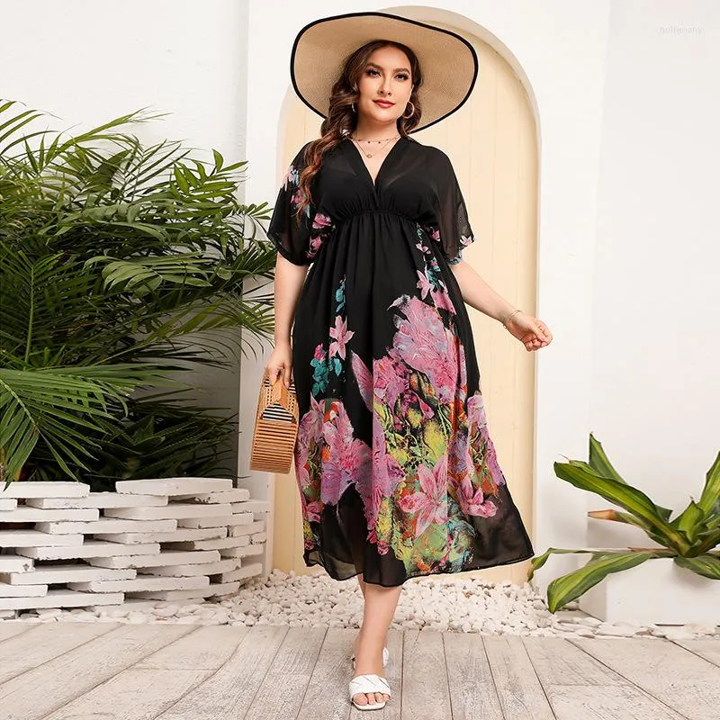 Plus Size Dresses 4XL For Women Dress Temperament Commuting Three Quarter Sleeve V-neck Clothing 2023 Cocktail Evening Party