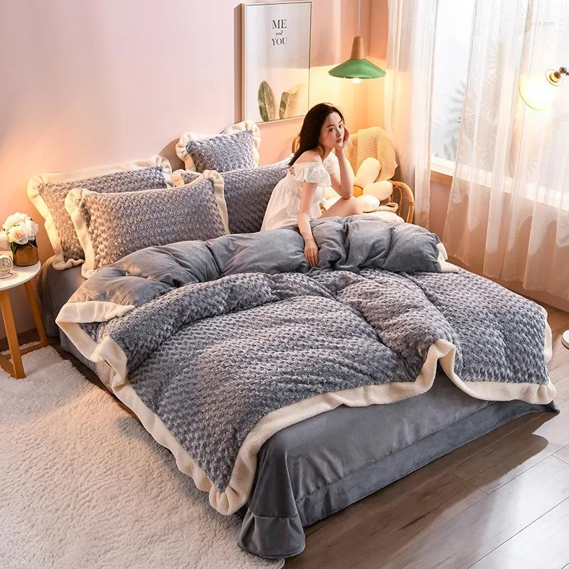 Sängkläder set duvet omslag 4 st king size hem textil fast färg plysch vinter varm kashmir mjukt täcke lakan