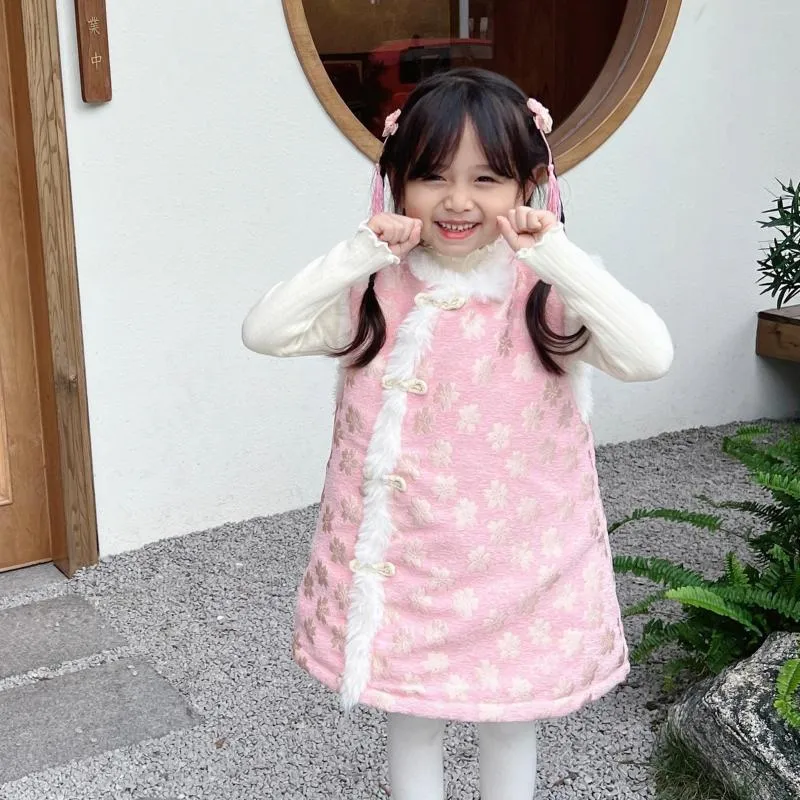 Vêtements ethniques Qipao Girls 'Vêtements Hiver Style chinois Plance épaissie Cheongsam Sweet Cute petite fille Cotton Robe douce Hanfu