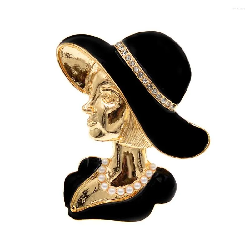 Broszki Cindy Xiang Crystal and Pearl Beauty Head for Women Black Color Fashion Girl Pin Eleganckie akcesoria Wysoka jakość