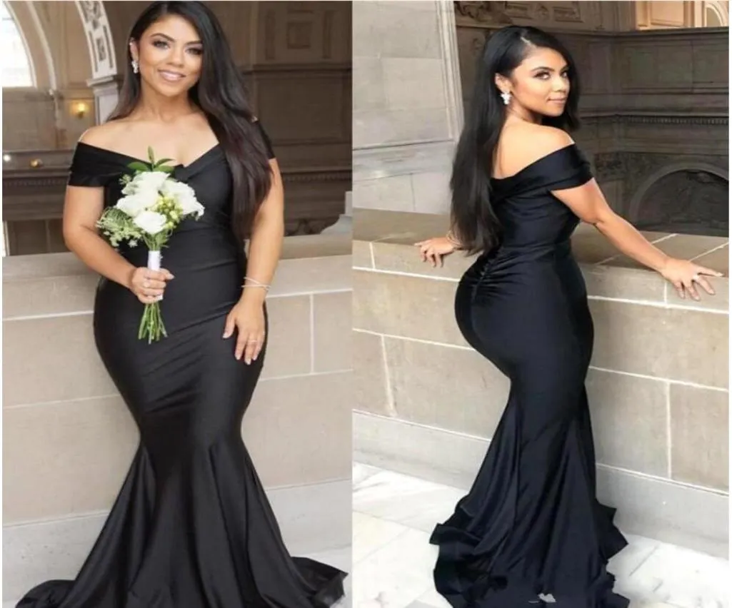 2022 Black Mermaid Long Bridesmaid Dresses Plus Size Off Shoulder Floor length Garden Maid of Honor Wedding Party Guest Gown BC0126125028
