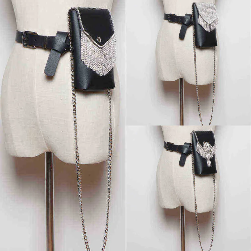 belt bags Korean Blingbling Rhinestone Decorative Pu Leather Vertical Waist Bag Removable Chain Diagonal Bag 220723