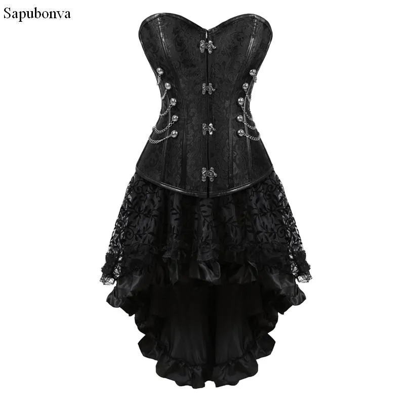 Bustiers Corsets Sapubonva Corset Bustier Set Set Sexy Grand Steampunk Кожаная застежка и платья кружевные плюс бурлеск