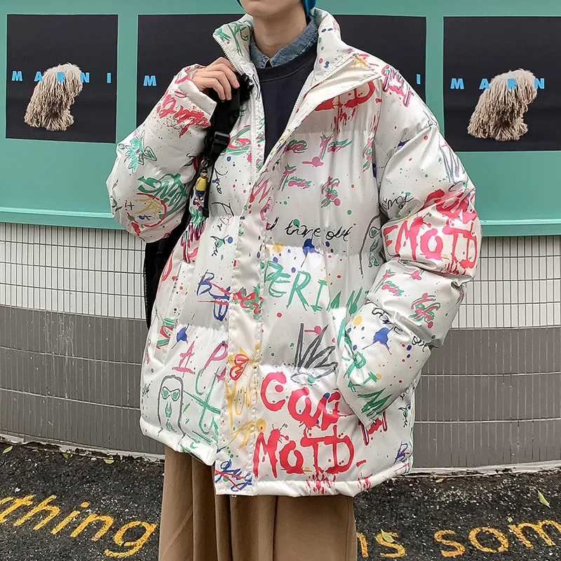 Men Jackets Letra Carta Graffiti Puffer Jaqueta para homens Tendências da moda coreana