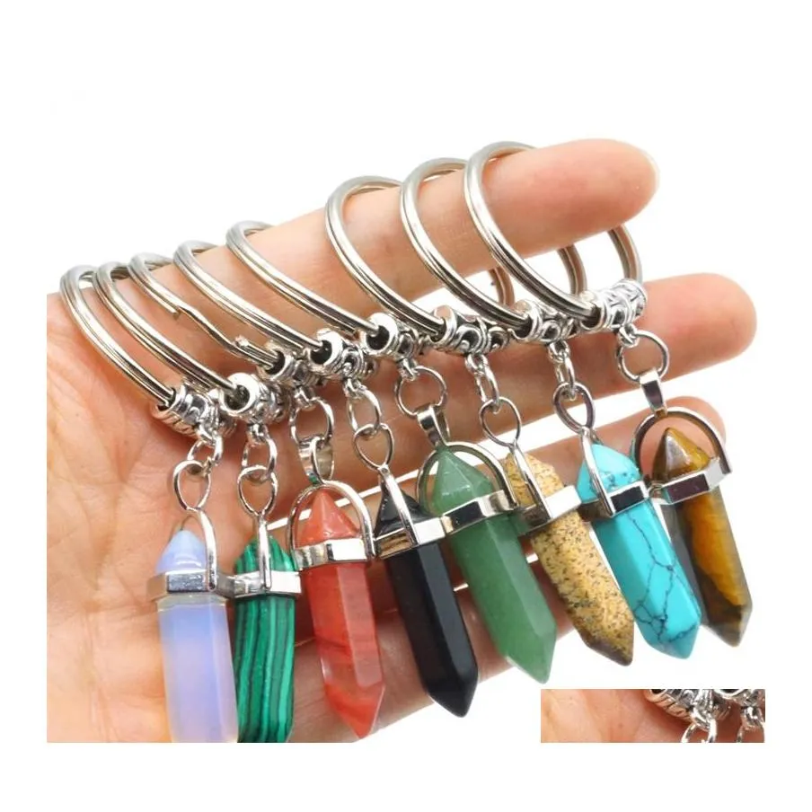 Key Rings Fashion Hexagon Prism Natural Stone Pendant Keychain Quartz Stones Pink Crystal Keychains Accessories Drop Delivery Jewelry Dh4Vb