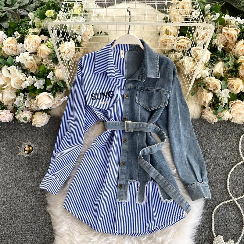 Women's Blouses & Shirts FTLZZ Spring Autumn Women Fashion Striped Patchwork Single Breasted Denim Jacket Casual Long Sleeve Lace-up Tops Co
