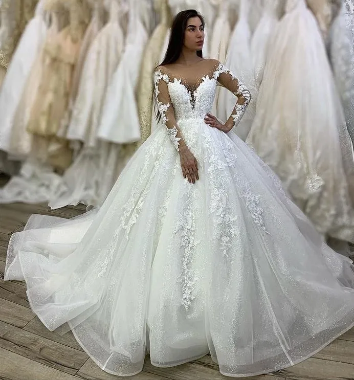 Elegant White A Line Wedding Dresses Glitter Tulle Lace Appliques Long
