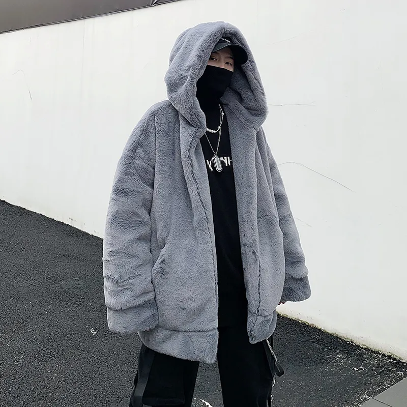 Herrenjacken Jacke aus Kunstkaninchenfell für Herrenmodetrends Fleecekleidung Teenager-Harajuku-Stil Hip-Hop-Kapuzenmäntel Übergroße Streetwear 230106