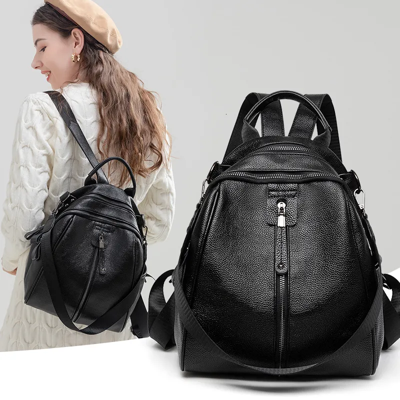 School Bags Black Backpack for Women Genuine Leather Cowhide Bagback Girl Small Cute Travel Bag 2023 Fashion Design Luxury 230106