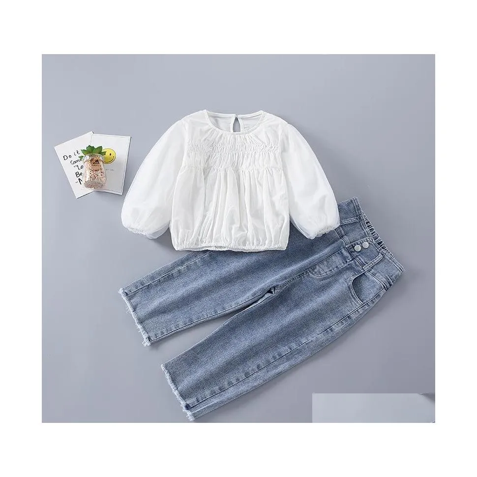 Kläderuppsättningar 2021 Spring Kids Girls 2st White Pink Long Puff Elastic midjetröjor Denim Barnkläder 2569 Y2 Drop Delivery Bab Dhyzo