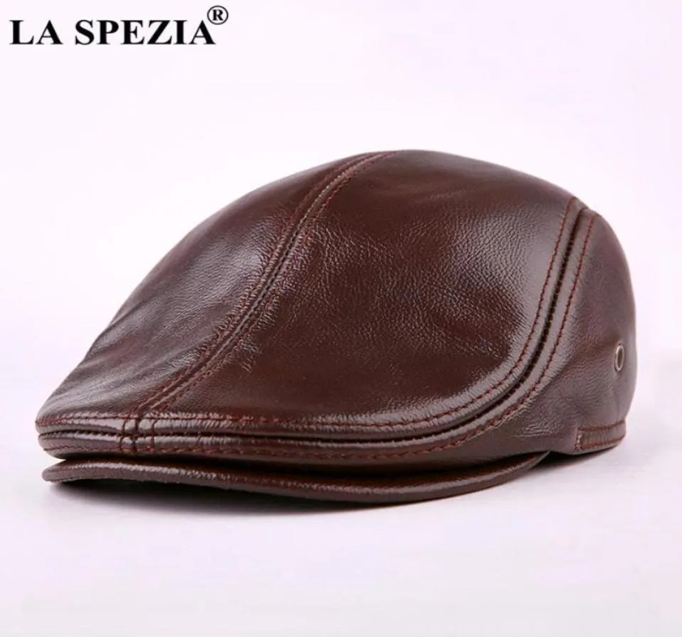 Berets LA SPEZIA Classic Beret Caps Men Warm Genuine Leather Ivy Windproof Duckbill Hat Burgundy Winter Flat Hats11840970