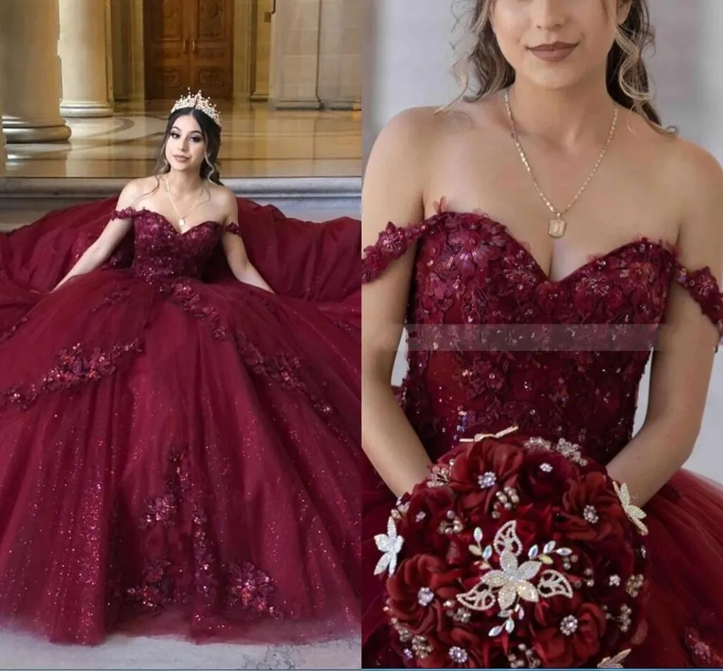 2023 Bourgondische tule prom quinceanera jurken van de schouder bloemen bloemen kanten applique kralen prinses lagen zoet 16 jurk afstuderen feest