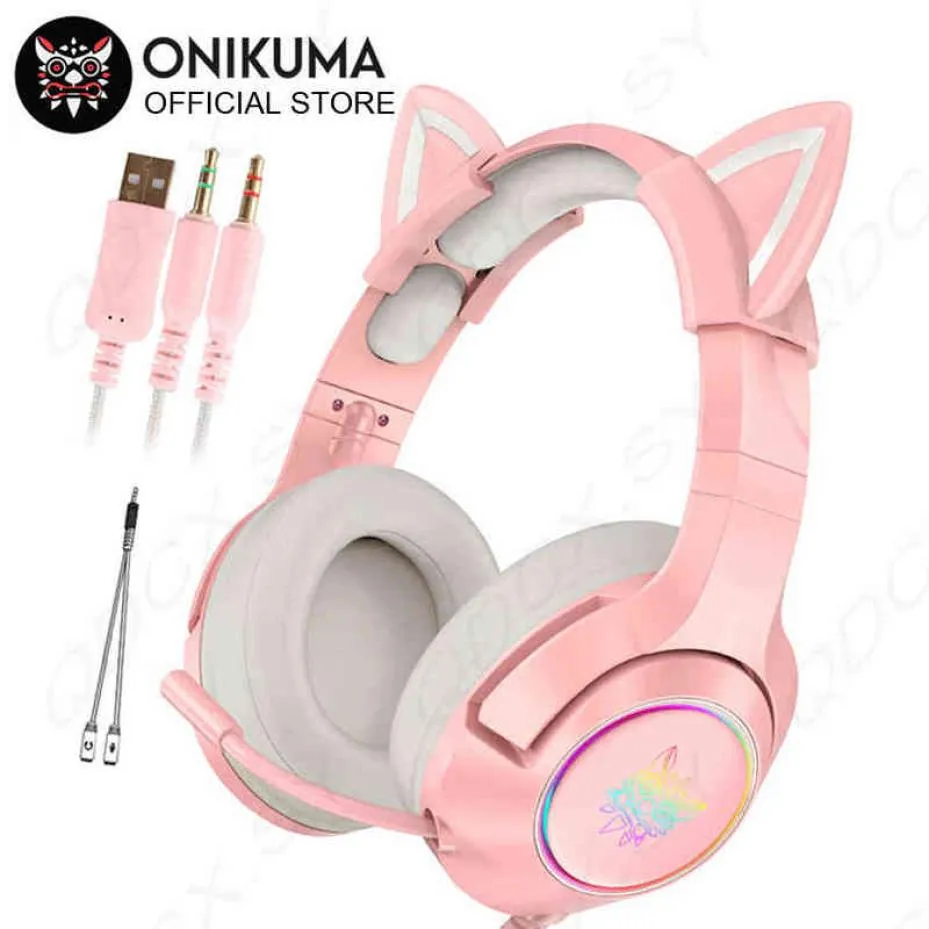 Headsets ONIKUMA K9 Gaming Headset casque Cute Girl Pink Cat Ear Stereo Headphones with Mic LED Light for Laptop Computer Gamer T24572577