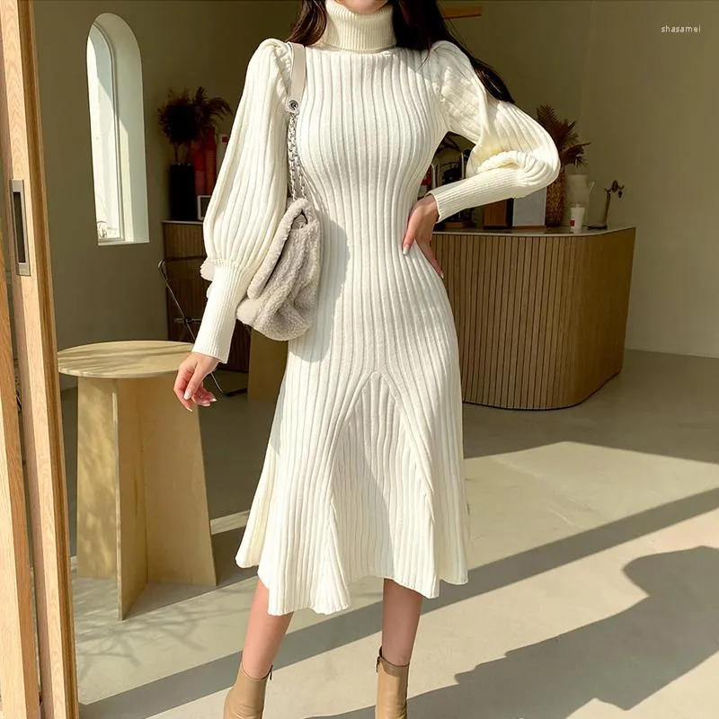 Casual Dresses Turtleneck Sweater Women Winter Vintage Thick Lantern Sleeve Female Trumpet Mermaid Knitted Vestidos Korean White