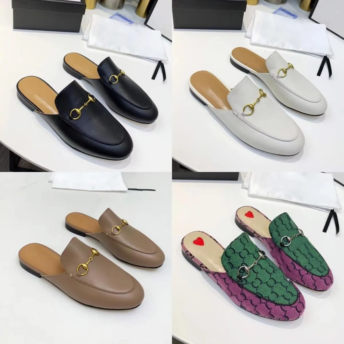 2023 Designer Princetown Pantoufles Mules En Cuir Véritable Femmes Mocassins Chaîne En Métal Confortable Casual Chaussure Dentelle Velours Pantoufle Avec Boîte