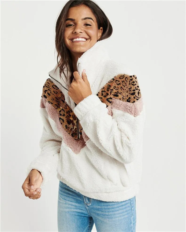 Mélange de laine pour femmes Amazon automne et hiver imprimé léopard trois couleurs Patchwork manteau fermeture éclair col montant veste décontractée