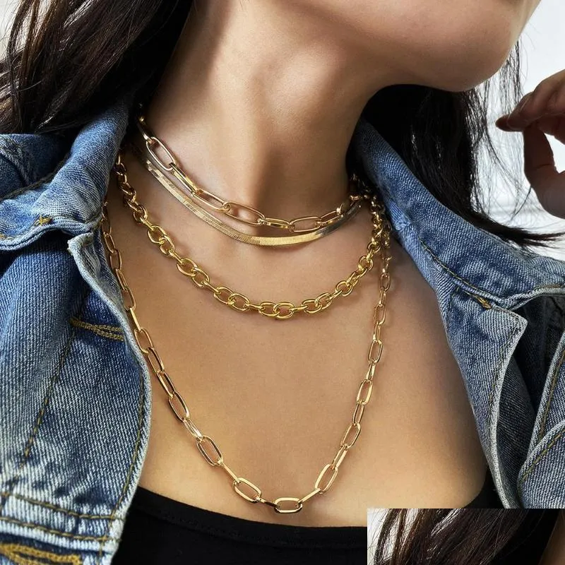 Pendant Necklaces Mtilayer Herringbone Choker Necklace For Women Gold Color Chunky Paper Clip Snake Chain Trendy Charm Jewelry Drop Dhhw2