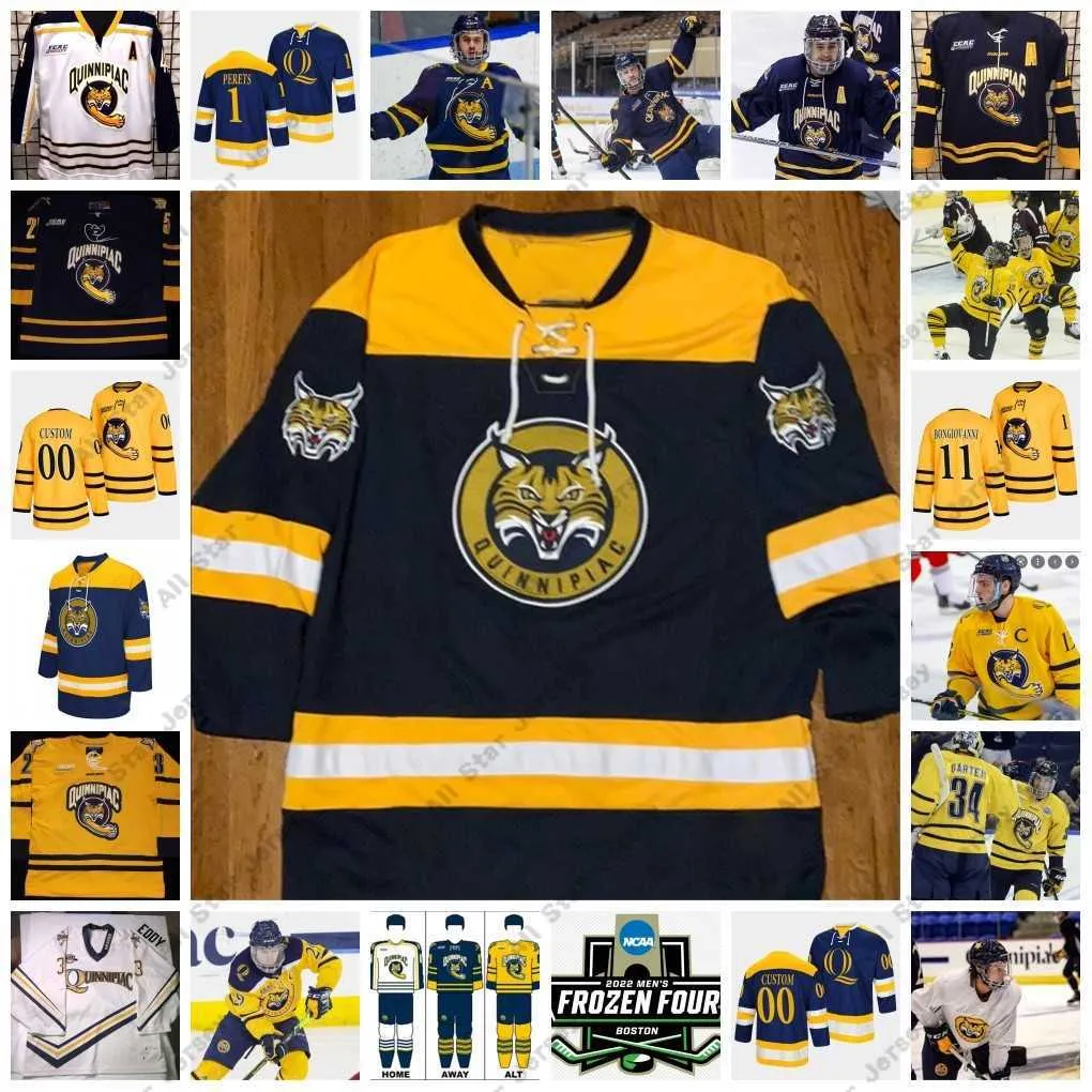 College Hockey Wears 2022 NCAA Frozen Four Custom QU Quinnipiac Bobcats Hockey Jersey 25 Brogan Rafferty 8 Chris Cerrella 29 Todd Johnson 18 Jim Hanscom 35 Bill