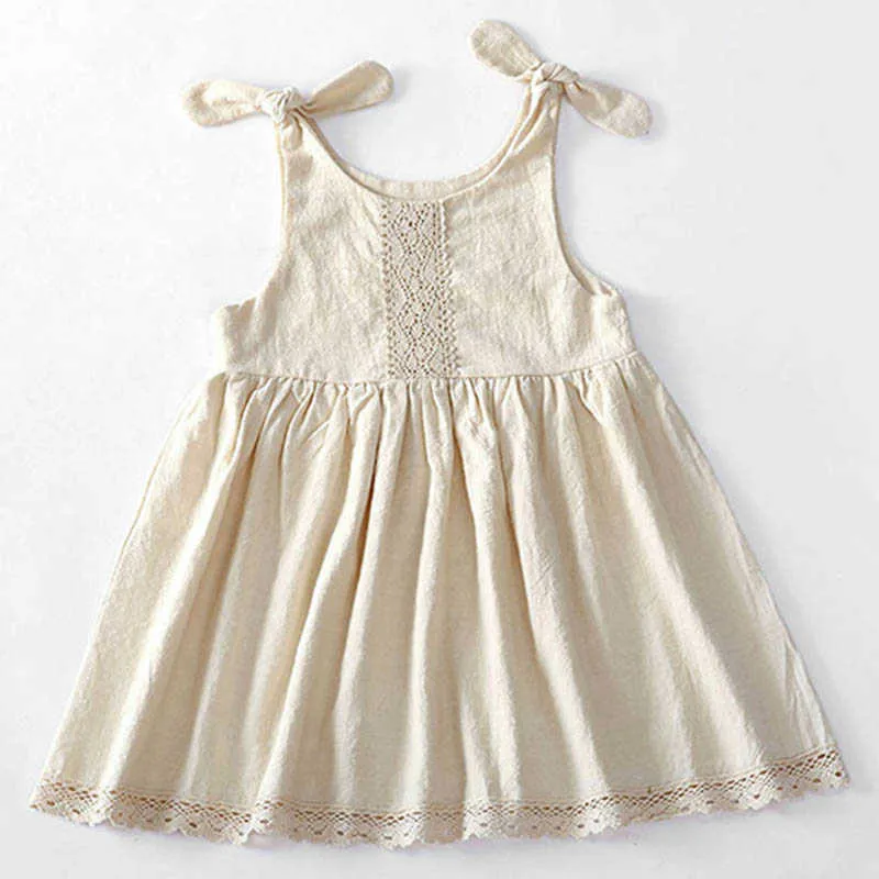 Robes de fille coton lin solide sans manches dentelle épissage enfants robes de soirée 1-5ans bébé filles robe de princesse été bébé filles vêtements T230106