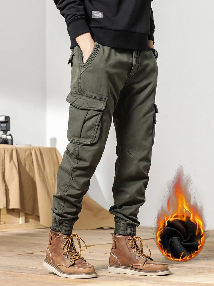 Men's Pants MultiPockets Winter Cargo Men Fleece Liner Thick Warm Slim Fit Joggers Streetwear Casual Cotton Thermal Trousers 230106