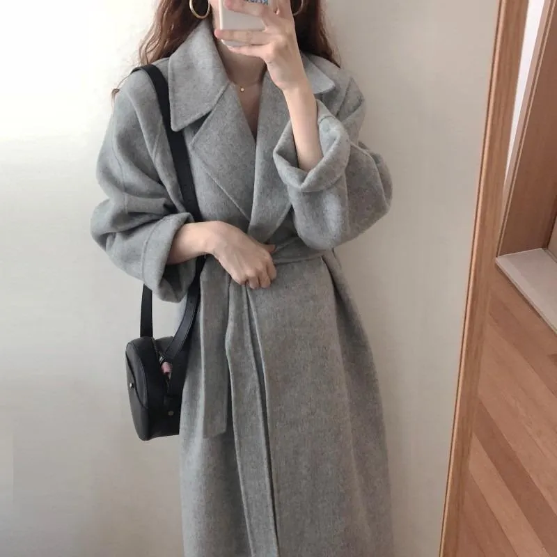 Women's Wool & Blends 2023 Listing Oatmeal Coat Women Clothing Autumn Winter Overcoat Plus Size Loose Long Sleeve Woolen Jacket With Belt