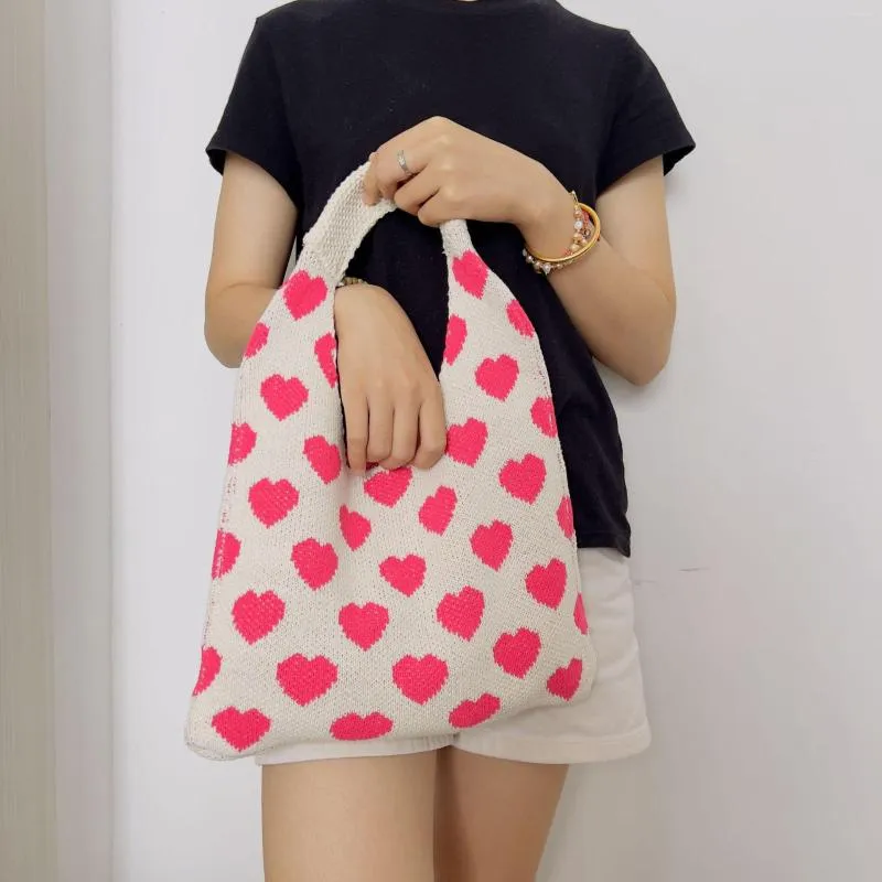 Evening Bags Casual Kawaii Pink Heart Tread Knitted Shoulder Women Female Bolsas Handbag Knitting Shopping Japanese Lady