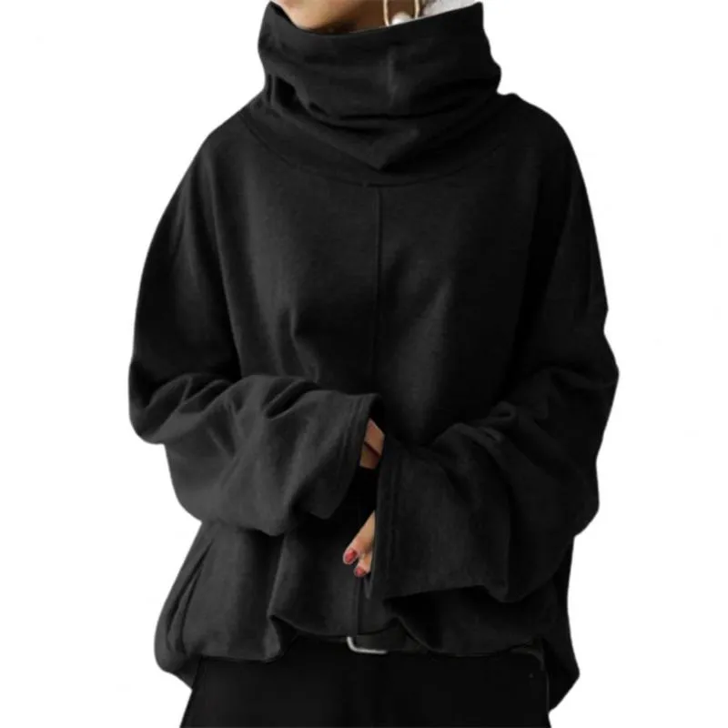 Women's Hoodies & Sweatshirts Oversized Solid Color Side Pocket Pullover Women Plush Lining Long Sleeve Turtleneck Lady Hooded Tracksuit