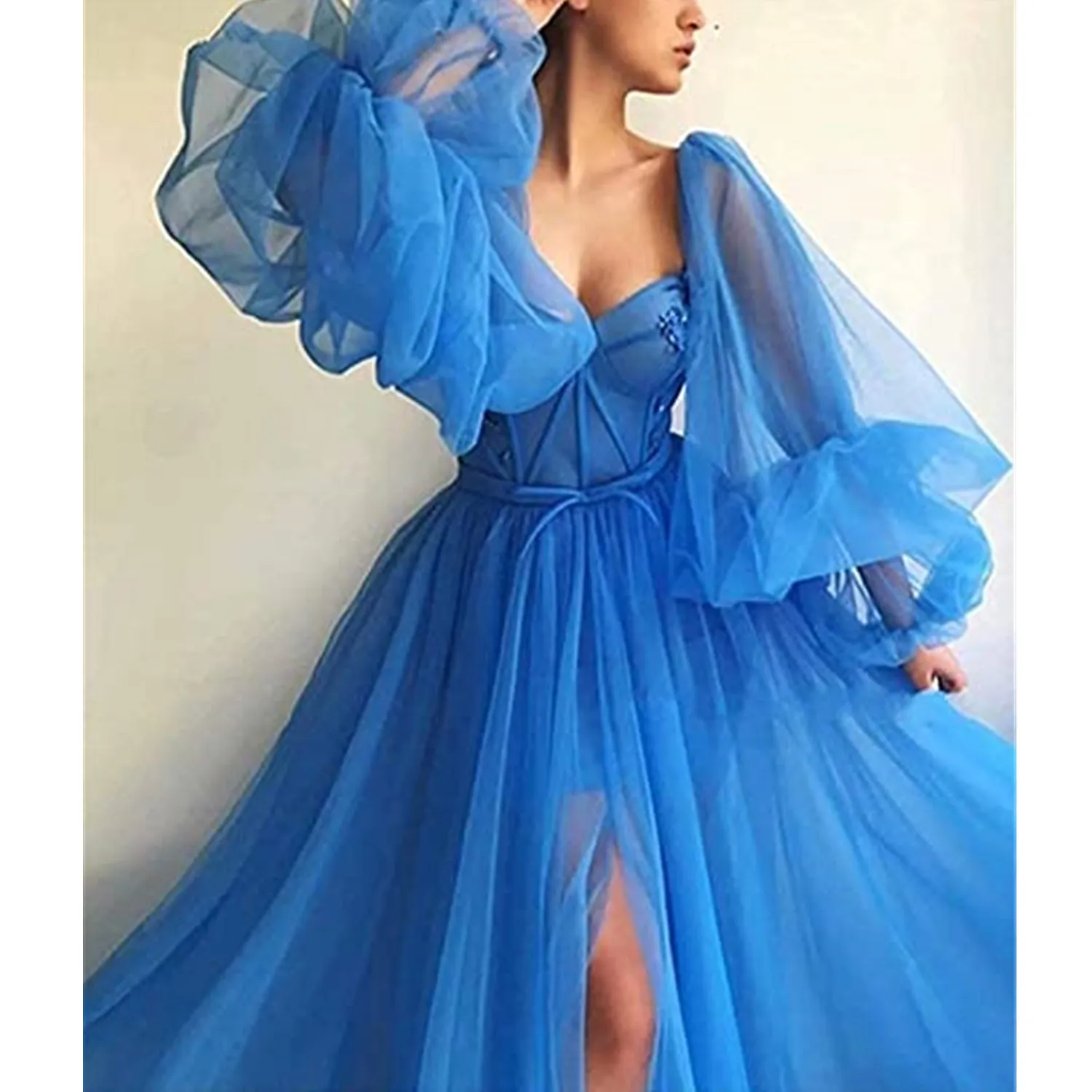 Chic Puffy Sleeves Tulle Long Red Prom Dress with V-Neck, Backless Design, and Split Hem - Perfect for Beach, Bridesmaid, Holiday, or Beach Parties