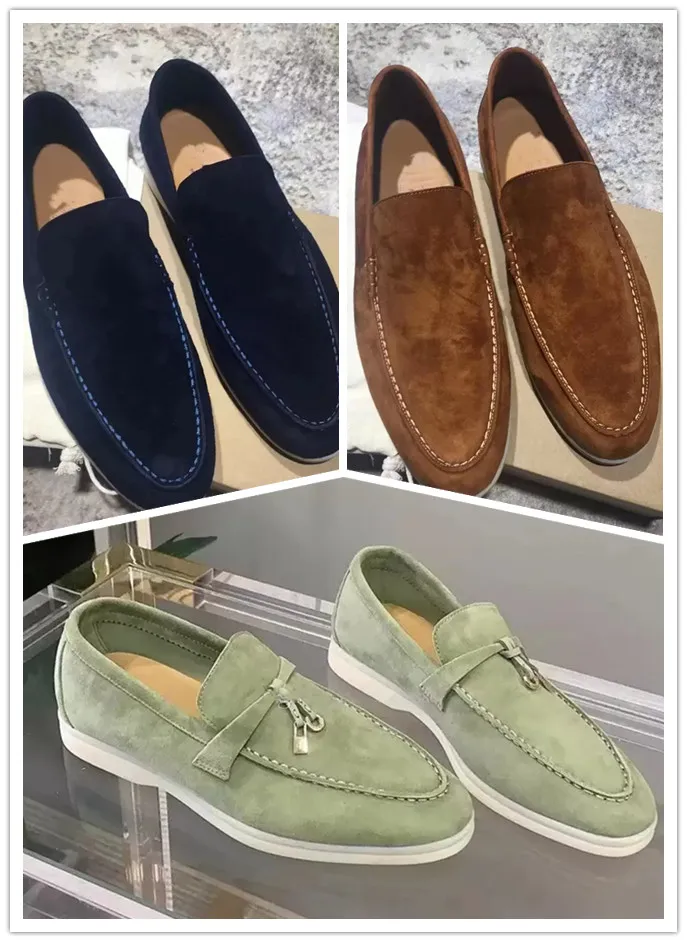 Top Designer Dam Klänning skor loro Cashmere loafers Sommar Klassiskt spänne runda tår Platt klack Fritidskomfort Fyra säsonger dam fabrikssko 35-46