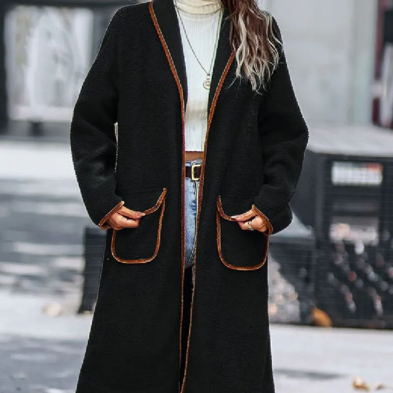 Women's Wool Blends Autumn And Winter European and American Lapel Solid Color Cashmere Contrast Pocket Long Coat Overcoat 230107