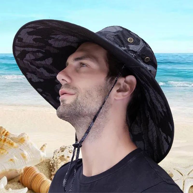 Sombreros de ala ancha Cubo Sombrero para el sol Hombre Camuflaje de verano  Al aire libre Visor Cap Viaje Protector solar Senderismo Transpirable