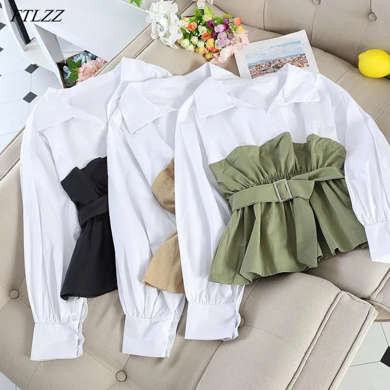 Women's Blouses & Shirts FTLZZ Autumn Office Lady Long Sleeve Patchwork Shirt Top With Belt Elegant Korean Style Ruffled Blouse Women
