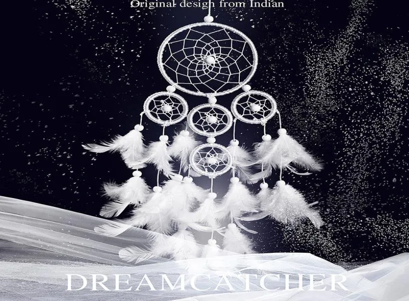 Creative Five Rings Dream Catchers Home Decorative Fantasy White Feather Dream Catcher Delicate Hand Made Distinctive Wind Chimes1620971