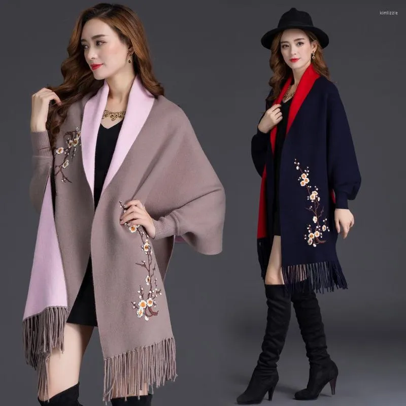 Scarves Autumn Winter Can Wear Shawl Scarf Dual-use Embroidery With Sleeves Wool Cashmere Thick Tassel Cloak Female