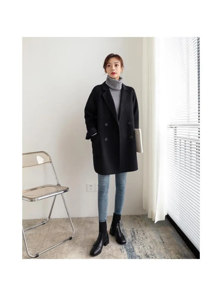 Women's Wool Blends Autumn Korean Style Double Breasted Simple Black 100 Coat Women Long Loose Suit en Overcoat Jacket 230107