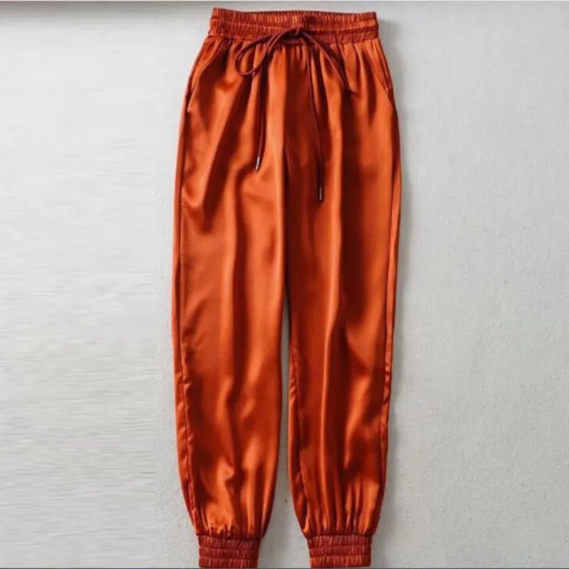 Kvinnors byxor kvinnor satin harem pant cool streetwear dans byxa casual sport slitage fast färg elastisk midja lång jogging ungdom dam