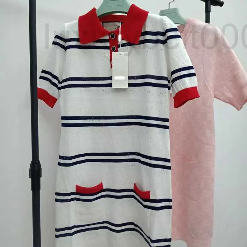 Casual Dresses designer Red and white contrast double G hollow stripe tencel cotton red POLO neck knitted dress KDI4