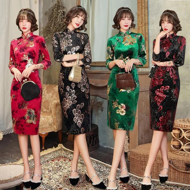 Casual Dresses Three Quarter Sleeves Lady Cheongsam Traditional Flower Print Women Qipao Chinese Style Stand Collar High Split