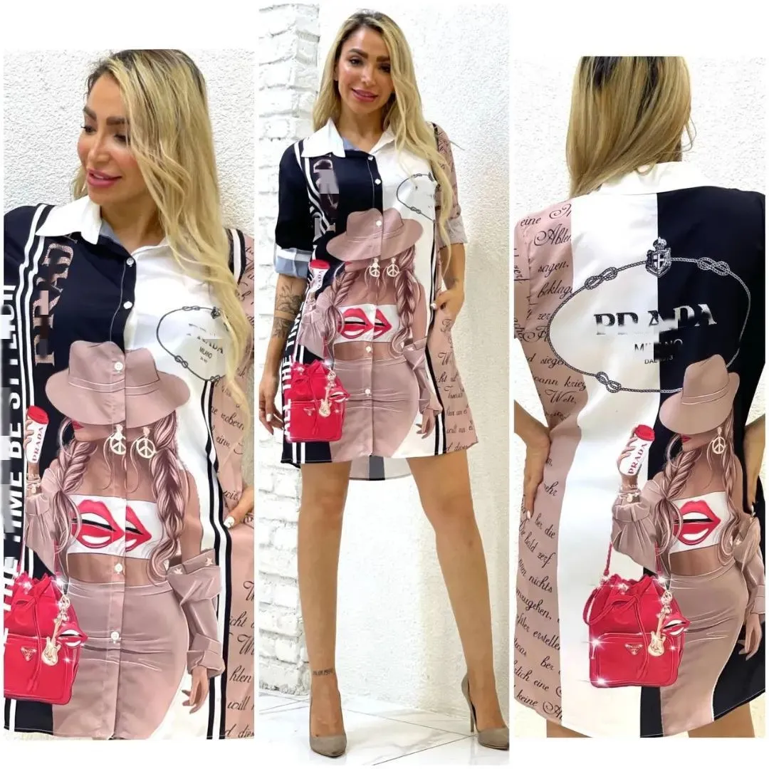 2023 Robe de chemise de printemps Femmes Fashion Neck Neck Long manche courte mini-robes Ship gratuit