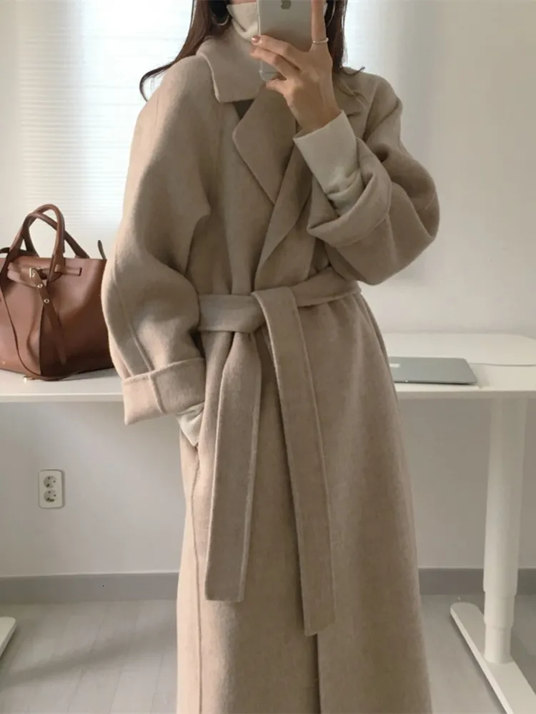 Kvinnors ullblandning Autumn Winter Casual en Blend Trench Coat Oversize Long With Belt Women Cashmere Outerwear 230106