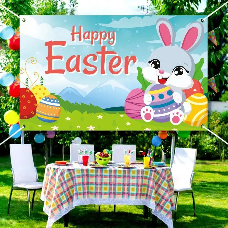 Happy Easter Flag 3x5 Ft Bunny Rabbit Gnomes Eggs Flowers Spring Party Supplies Yard Sign Backdrop Wall Decor