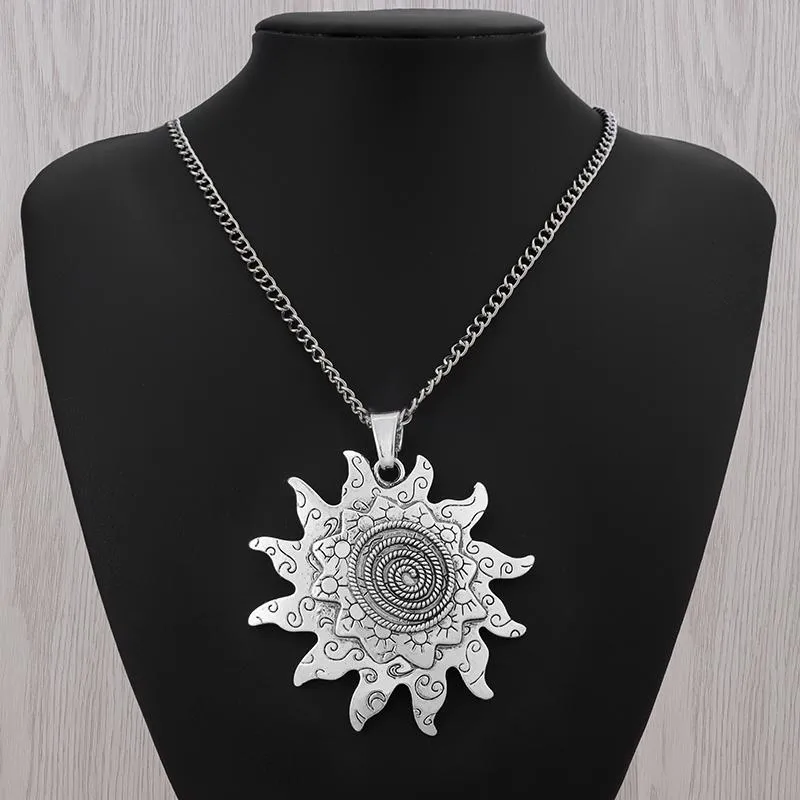 Hänge halsband x tibetansk silver boho uttalande stor spiral solblomma på långkedjiga halsbandsmycken lagenlook 34 "hänge