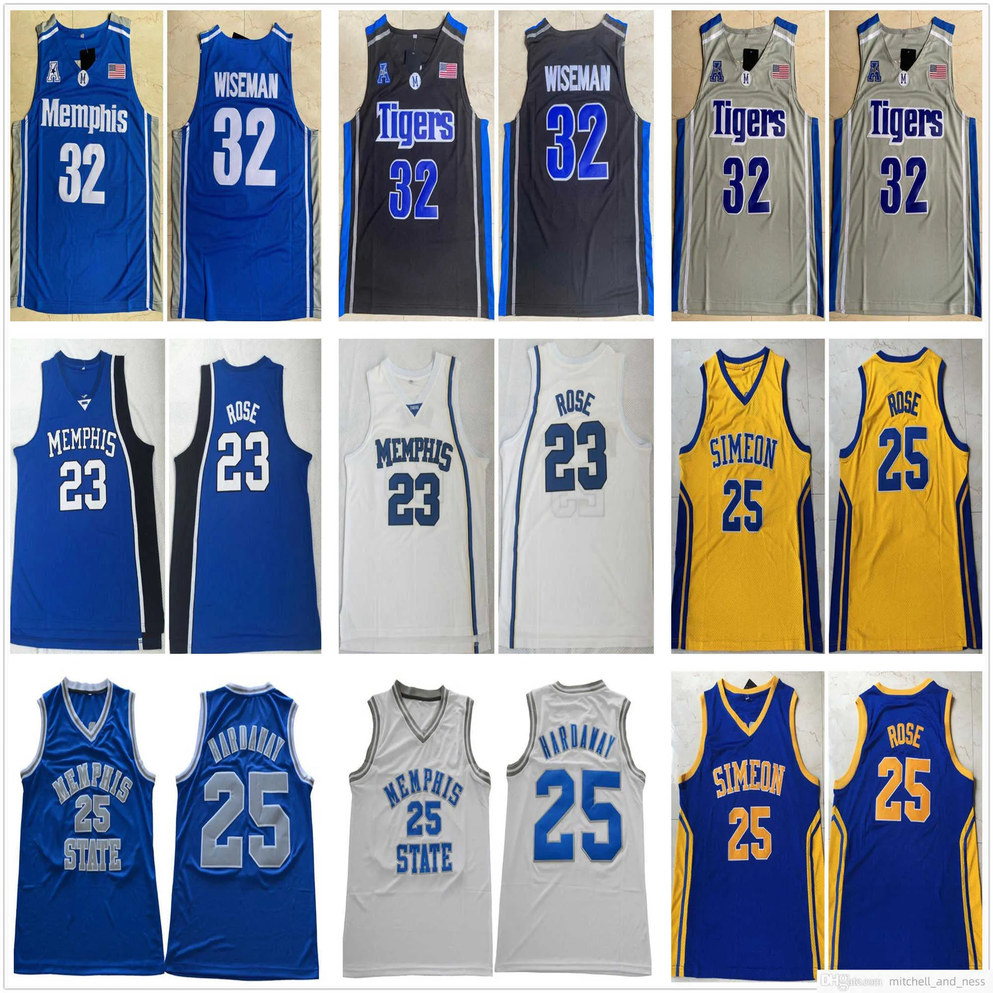 Stitched NCAA Memphis Tigers College Basketball Jerseys 32 Wiseman State 25 Penny Hardaway Simeon High School 23 Derrick Rose Jersey Mens