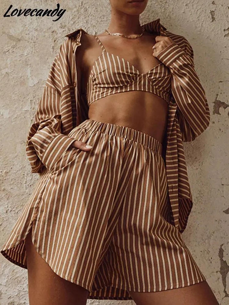 Women s Two Piece Pants Tracksuit Stripe Shirt Shorts Three Set Long Sleeve Top And Mini Outfit Female Summer Lady Suits 230106