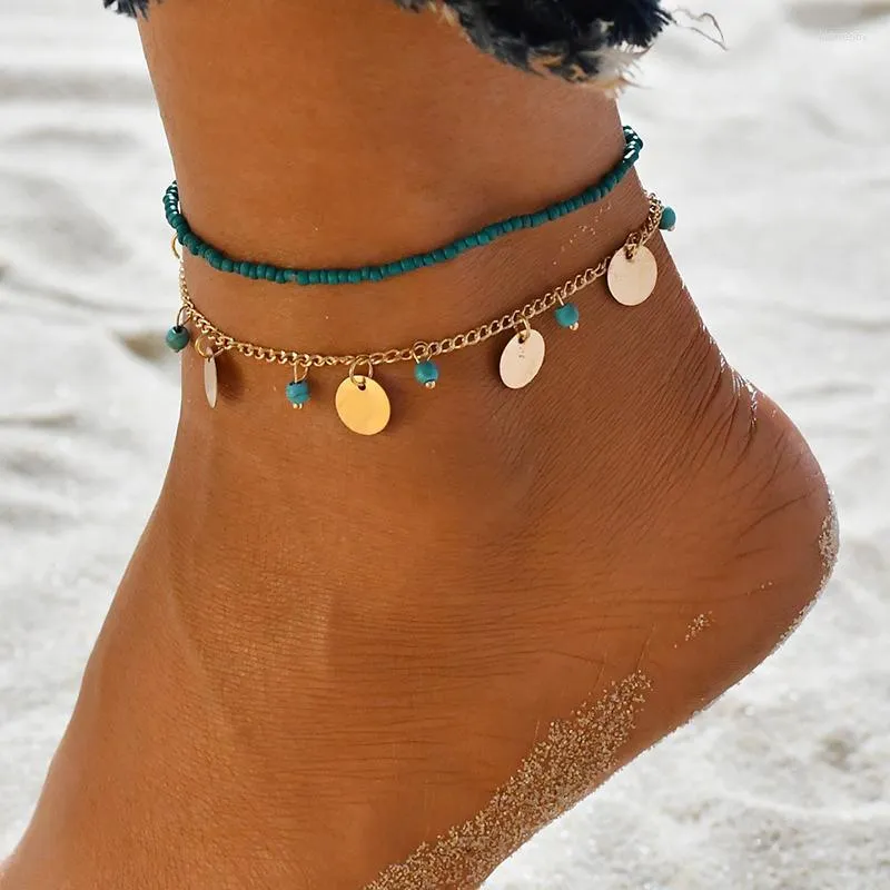 Tornozinhos Torno Gold Color Round Tassel para Women Foot Beach Sandálias Barefoot Pulseira de várias camadas no tornozelo na perna AT200047